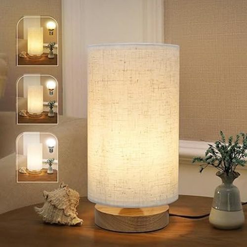 Minimalist Dimmable Nightstand Lamp with Round Fabric Linen Shade, 3 Color Temperatures, Desk & Bedside Lamp for Study, Living Room, Bedroom, Office, Dorm