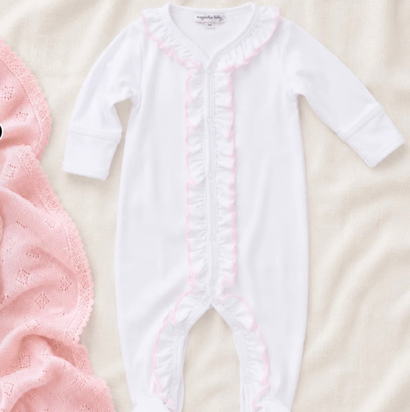 Baby Girl White Footie with Pink Ruffle - Peruvian Pima Cotton – Magnolia Baby