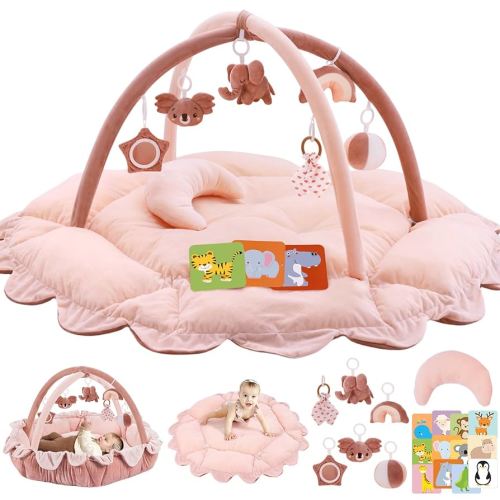 5-in-1 Plush Baby Play Gym, Baby Play Mats, Convertible Baby Gym with Pillow, Tummy time mat, 6 Sensory Toys, Baby Activity Center from Newborn to Toddler, Pet Bed, Cat & Dog Bed, Ball Pit, Pink