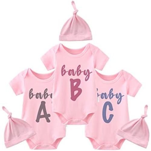YSCULBUTOL Baby Twins Bodysuit Baby ABC Newborn Triplets Baby Outfits 3 Pack Toddler Romper With Hat Set