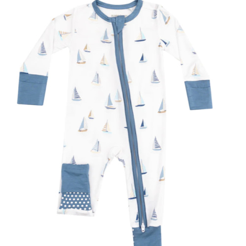 2 Way Zipper Romper - Sailboats Blue