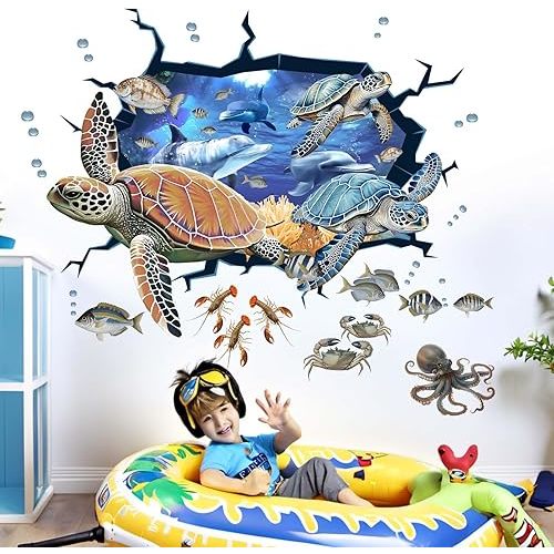 Sea Turtle Wall Stickers for Kids: Peel and Stick Under The Sea Marine Ocean Fish Wall Decals for Baby Nursery Kid Bedroom Toddler Room - Children Supplies Ages 1-12 Year Wall Decor