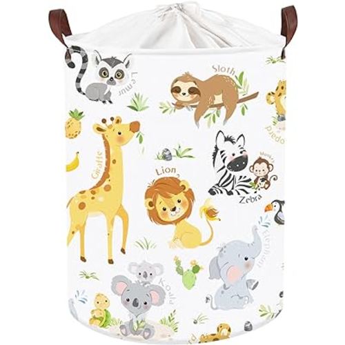 Clastyle Large Alphabet Animal Hamper for Nursery Kid Room Giraffe Lion Boy Girl Laundry Basket with Handle Elephant Collapsible Zebra Clothes Toy Storage Basket with Lid