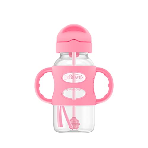 Dr. Brown's Milestones Wide-Neck Sippy Straw Bottle with 100% Silicone Handles and Weighted Straw, 9 oz/270 mL, Pink, 6m+