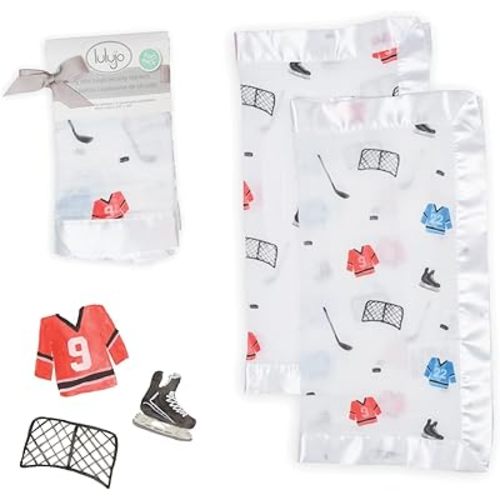 lulujo Baby Security Lovey Blankets| Unisex Softest Breathable Cotton Muslin Security Blanket with Silky Satin Trim| Neutral Comforting Blanket for Girls & Boys | 16in by 16 in| Hockey