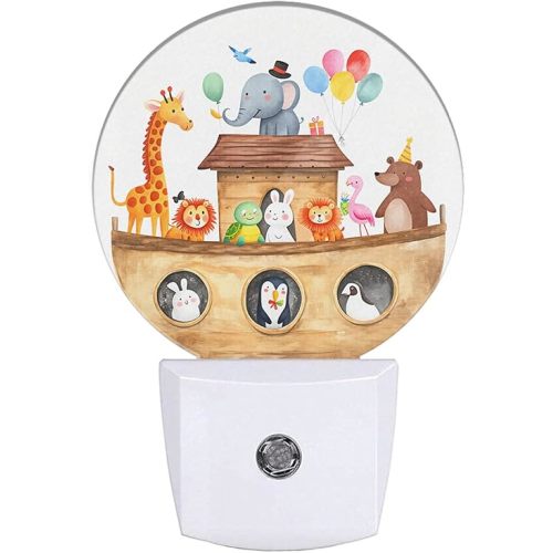 Cute Noah's Ark Night Light Ship with Animals Giraffe Rabbit Elephant Bear Birds Nightlight LED Round Lamp for Boys Girls