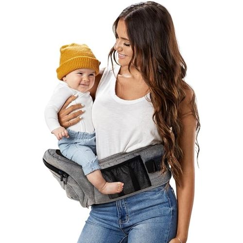 TushBaby The Only Safety Certified Hip Seat Baby Carrier - As Seen On Shark Tank-Adjustable, Machine Washable, Ergonomic Newborn + Toddler + Child Carrier, Safe Ultra-Comfortable Waist Carrier Grey