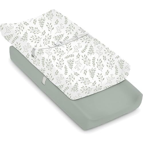 2-Pack Changing Pad Covers for Baby, Ultra Soft Breathable Changing Table Pad Cover, Green+Leaf