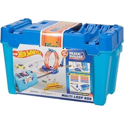 Hot Wheels Toy Car Track Set, Track Builder Multi Loop Box Playset & 1:64 Scale Vehicle, 10 feet of Track Components in Storage Box