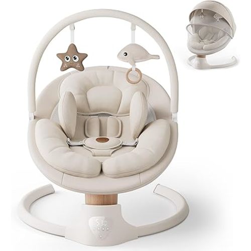 Baby Swings for Infants, FasonBaby Electric Baby Swing with Music Speaker, 5 Speeds, Remote Control and Bluetooth - Portable Infant Swing for Indoor and Outdoor (Beige)