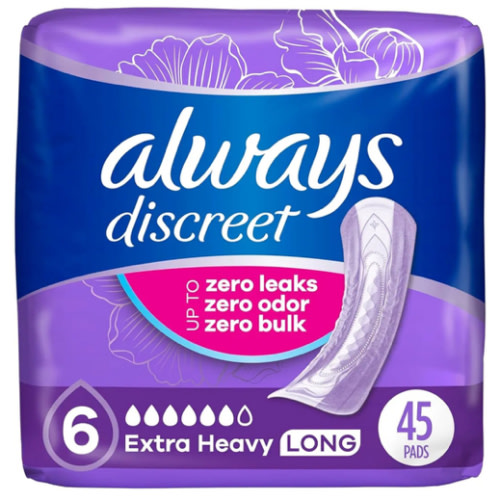 Always Discreet Adult Incontinence Pads for Women, Extra Heavy Absorbency, Long Length, Postpartum Pads, 45 Count (Packaging May Vary)