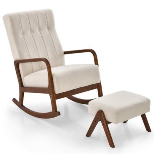 Costway Rocking Chair with Ottoman Upholstered Fabric Glider Rocker Solid Wood Beige