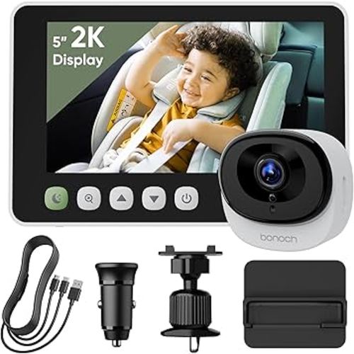 bonoch 2K Baby Car Camera USB C with Full Crystal Night Vision, 5 Inch Baby Car Montior for Back Seat Rear Facing, Easy Setup, 4X Zoom, Brightness Adjustment, USB Powered Plug and Play, Air Vent Mount