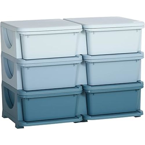 Qaba 3 Tier Kids Storage Unit, 6 Drawer Chest Toy Organizer Plastic Bins for Kids Bedroom Nursery Kindergarten Living Room for Boys Girls Toddlers, Blue