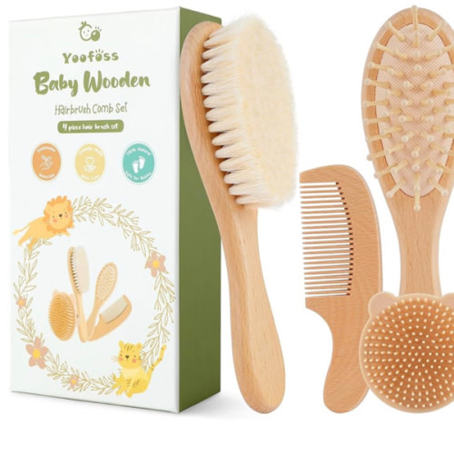Yoofoss 4 Piece Baby Brush and Comb Set, Wooden Baby Brush with Natural Ultra Soft Goat Hair, Baby Hair Brush for Newborn, Baby Brush Set for Boy Girl
