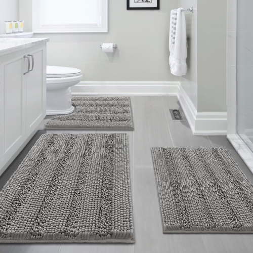 PrimeBeau 3 Piece Bathroom Rugs Sets Thick Striped Bath Rugs Set for Bathroom Non Slip Soft Absorbent Bath Mat Set for Tub, Shower and Toilet(17''x24''+20''x32''+20''x24'' U-Shaped)