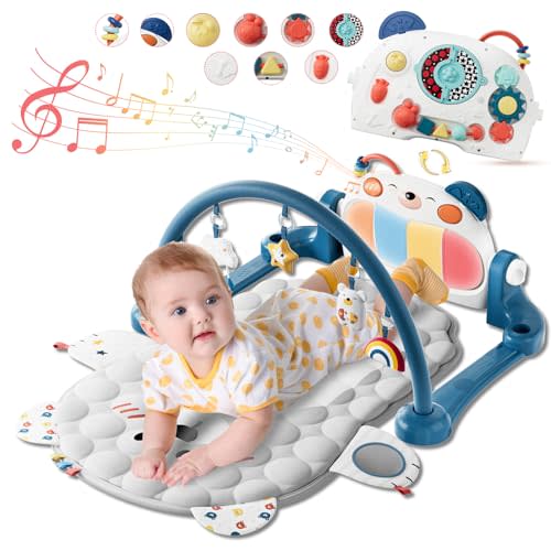 Baby Play Gym Mat, Kick and Play Piano Mat for Babies, Infant Tummy Time Activity Playmat with 5 Detachable Toys, Easy to Install & Clean