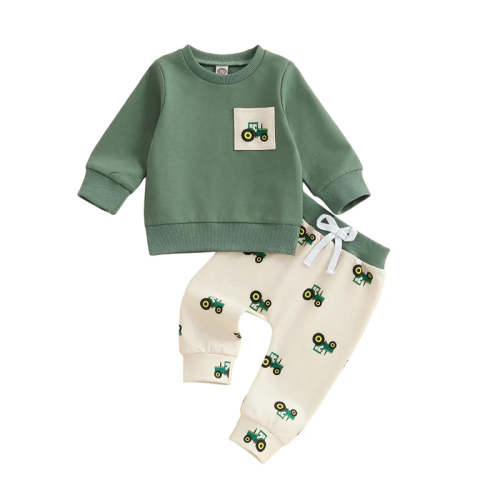 Baby Toddler Boy 2Pcs Spring Outfit Tractor Long Sleeve Crewneck Top L – August + Willow