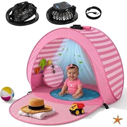 Baby Beach Tent with Integrated Solar Cooling Fan, Pool & UV Protection | Large Pop-up Baby Tent for Beach with UPF 50 UV Protection | Baby Beach Pool | Portable Travel Sun Shade for Baby |