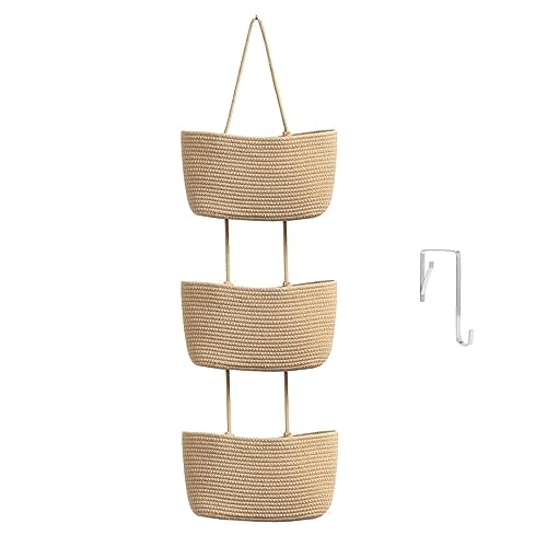 TeoKJ Over The Door Hanging Baskets, 3-Tier Woven Cotton Storage Organizer with Hooks Wall-Mounted with Self Adhesive Space Astronaut Stick Decorative Hanging Nursery Baskets - Jute