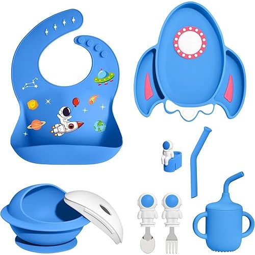 8 PCS Silicone Baby Feeding Set, Astronaut Theme, Spoons, Fork, Silicone Bibs, Baby Sippy Cups, Plate Bowl Set Baby Eating Essentials Led Weaning Toddler (Blue)