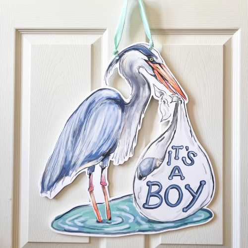 It's A Boy Blue Heron Door Hanger - Home Malone, Made In USA, Stork, Baby Boy Announcement, Baby Shower Door Hanger, K Malone Art, Cute Art