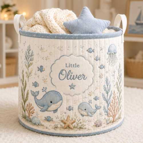 Custom Baby Ocean Quilted Laundry Basket, Custom Nursery Toy Storage Bin, Baby Hamper, Kids Laundry Basket, Newborn Gifts, Gifts For Baby