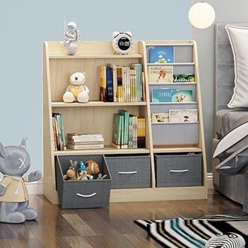 Kids Bookshelf Wood Toy Storage Organizer Cabinet Children Bookcase Toddler Baby Sling Book Rack 3 Cube Bins Fabric Drawers for Playroom Bedroom Nursery School