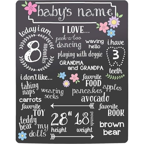 Kate & Milo Flowers Baby Milestone Chalkboard, Baby Girl Photo Prop, All About Me Reusable Milestone Board, Black