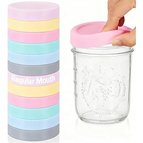 Teenyyou 12 Pcs Silicone Regular Mouth Lids Mason Jar Lids Thickened Leak Proof Lid for 70 mm All regular mouth Mason Jars, Reusable Large Canning Jar Caps (Macaron)