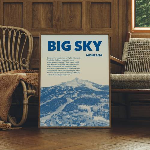 Big Sky Montana Wall Art, Vintage Montana Print, Retro Ski Poster, Skiing Wall Art, Vintage Blue Wall Decor, Digital Download, Retro Ski Map