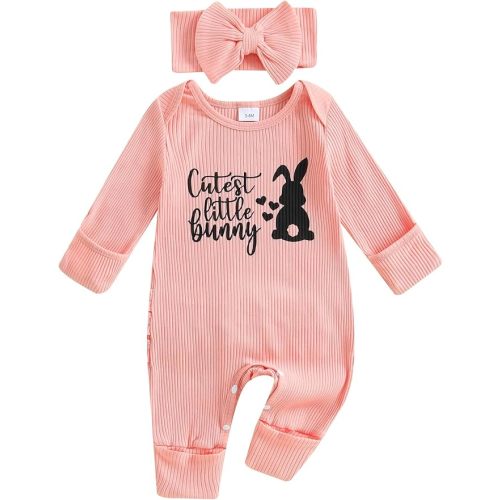 FIOMVA Im New Here Newborn Outfit Girl Long Sleeve Letter Romper Ribbed Knit Jumpsuit Baby Girl Preemie Coming Home Outfit
