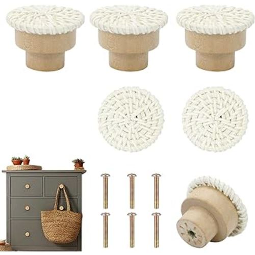 Boho Rattan Dresser Knobs for Girls Kitchen Cabinet knobs and pulls Wicker Woven Decorative Dresser Handles Round Wooden Knobs for Cabinets and Drawers 6 Pcs (Beige, 6Pcs)