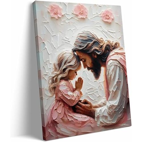 Little Prayers, Jesus and Little Girl Prayer Canvas Wall Art,Jesus Picture, Bible Christian Wall Art,Jesus with Children Poster, Pink Easter and Christmas Christian Decor 16x24in Large Frame wall art