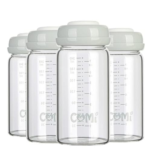 COMI Wide Neck Glass Breastmilk Collection n Storage Bottle, 8oz with Screw Ring Sealing Disk; Re-markable Sealing Disc. BPA Free, Fits Breast Pumps & Nipples (4 Gray Lids)