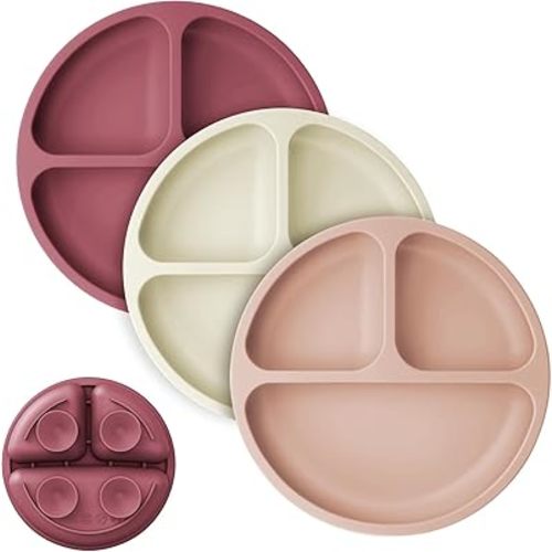 Cutebe 3 Pack Suction Plates for Baby Food Grade Silicone Baby Plates with Suction Microwave & Dishwasher Safe Toddler Plates Divided Design & Raised Edges Toddler Dishes for Feeding