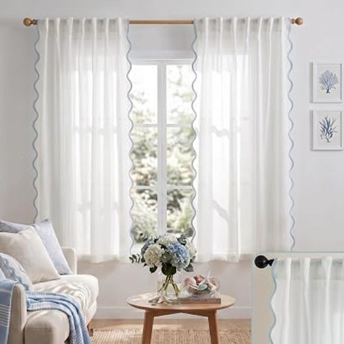 Cute White Ruffle Curtains for Bedroom, Coastal Room Decor Light Filtering Scalloped Blue Ruffled Linen Semi Sheer Curtains for Bathroom Window Living Room 63 Inch Length 2 Panel Set