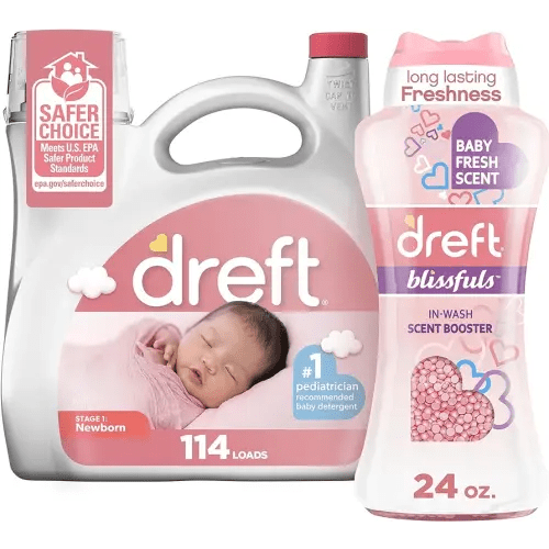 Bundle of Dreft Stage 1: Newborn Baby Liquid Laundry Detergent 114 loads 165 fl oz + Blissfuls In-Wash Scent Booster Beads, Baby Fresh Scent, 24 oz