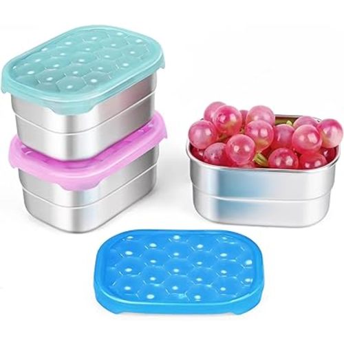 Tanjiae Snack Pro - Small (1 CUP) Stainless Steel Snack Containers for Kids | Easy Open Leak Proof Food Containers with Silicone Lids - Perfect Metal Toddler Lunch Box for Daycare and School (8oz*3)