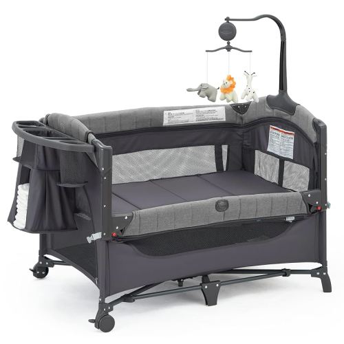 Baby Bedside Bassinet Sleeper,5-in-1 Pack and Play with Full-Size Bassinet,Baby Playard with Changing Table,Storage Shelf,Music Mobile with Soft Toys for Newborn to Toddlers (Grey)