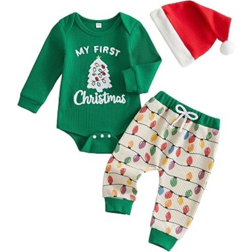 Newborn Infant Baby Boy First Christmas Outfit Romper Pants Hat Set