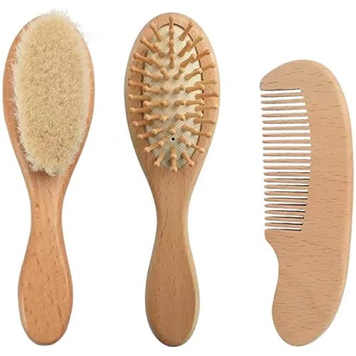 PandaEar Baby Hair Brush and Comb Set for Newborn| Natural Wooden Hairbrush with Soft Goat Bristles, Pear Wood Comb and Wooden Massage Brush for Infant, Toddler, Kids - Brown