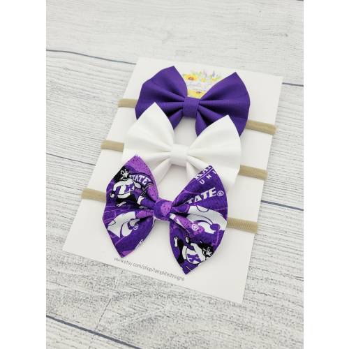 Kansas State Fabric hair bows - set of 3 baby bows - Kansas State University wildcats - Wildcat baby shower gift - purple and white bow