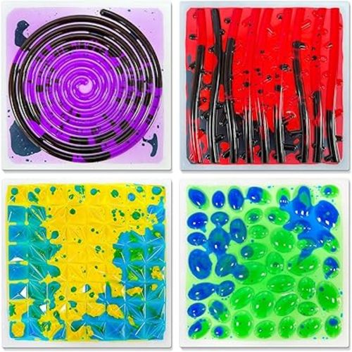 Textured Sensory Liquid Tiles - Set of 4 Square Lava Stone Floor Tiles for Sensory Mats Ages 3 to Adult, 12" x 12", Multicolor Textured Sensory Lava Set.