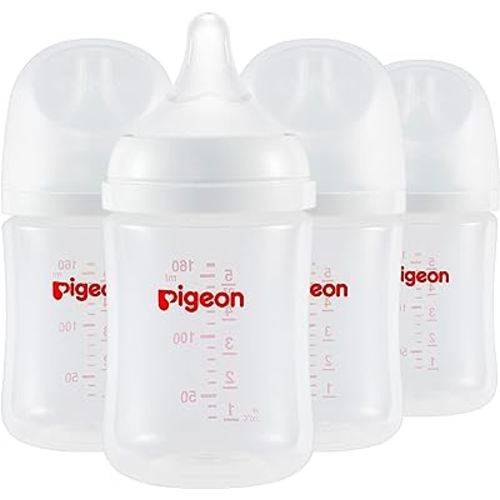 Pigeon PP Nursing Bottle Wide Neck, Streamlined Body, Natural Feel, Easy to Clean, 5.4 Oz (Pack of 4), Includes 4pcs SS Nipples (0m+)