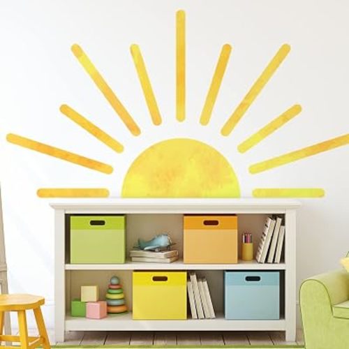 37 x37 Inch Boho Half Sun Wall Decals Removable Sunshine Wall Sticker Vinyl Peel and Stick Half Sun Decals Wall Art for Girls Kids Bedroom Nursery Playroom Decor