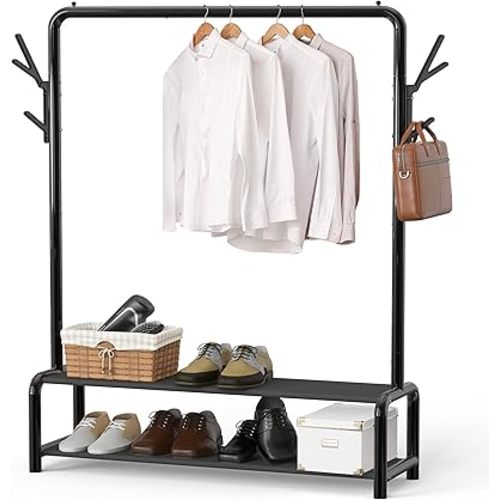 Simple Houseware Garment Rack with Storage Shelves and Coat/Hat Hanging Hooks