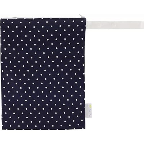 Itzy Ritzy Sealed Wet Bag with Handle – Wet Bag for Travel, Swimsuits, Cloth Diapers, Gym Clothes & Toiletries - Washable & Reusable with Water Resistant Lining - Measures 11” x 14” (Navy Dots)