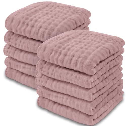 Comfy Cubs Muslin Baby Washcloths 10 Pack - Soft 6-Layer Cotton Wash Cloths for Sensitive Skin - 10"x10" Large, Gentle, Absorbent Infant Essentials for Newborn and Toddlers - (Mauve)