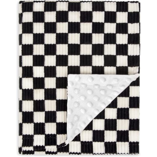 Baby Blanket for Boys Comfy Durable Corduroy Toddler Blanket with Double Layer Dotted Backing Checkerboard Grid Chessboard Gingham Warmer Bed Blankets for Newborn Infants Black, 30x40 Inches